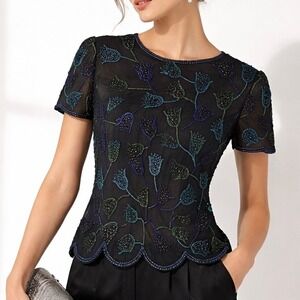 Vtg PAPELL BOUTIQUE Evening Black Beaded Silk Floral Top Blouse Cocktail Evening